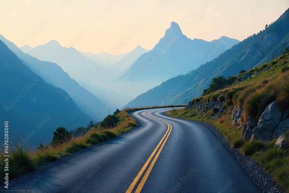 Fototapeta premium A winding road disappearing into a misty mountain range, symbolizing the unknown potential and adventure of a new journey , challenge, range