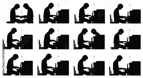Collection of piano player silhouettes with creative light bulb concept, musician performance, artistic music and inspiration theme on white background