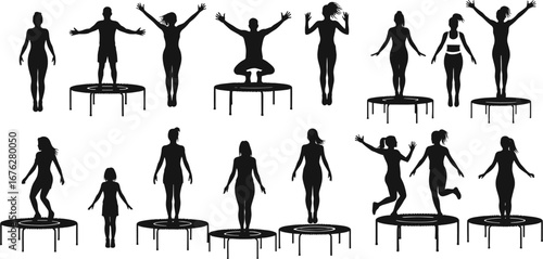 Collection of mini trampoline jump silhouettes in dynamic airborne poses, athletic performance, sport, fitness, acrobatics and active lifestyle concept on white background