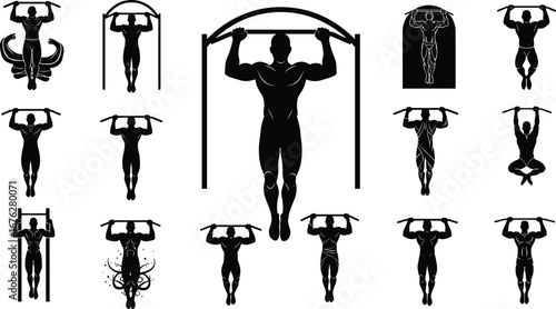 Collection of pull‑up exercise silhouettes, muscular athlete training on horizontal bar, strength workout, fitness and bodybuilding concept on white background