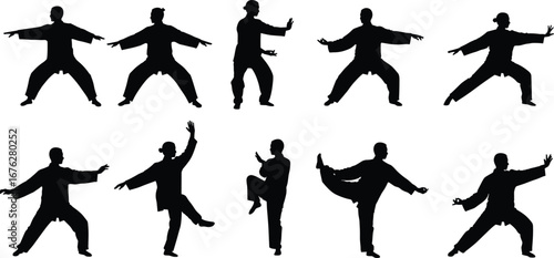 Collection of Tai Chi silhouettes in balanced poses, martial arts, meditation, fitness, wellness, sport and movement concept on white background