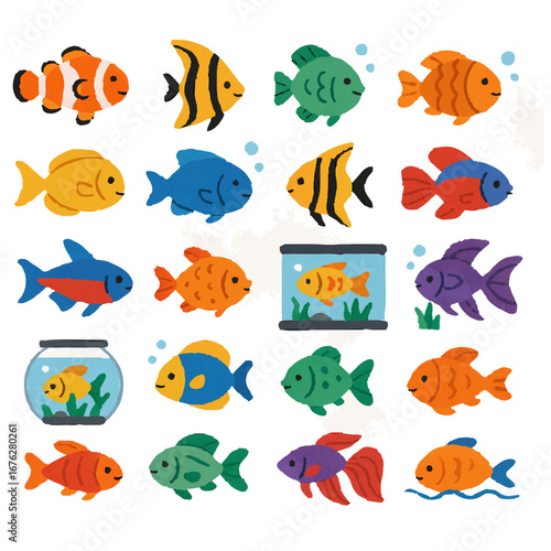 Colorful Aquarium Fish Vector Illustration Banner Set for Pet Collection. 20+ vector illustrations of aquarium pet fish in vibrant cartoon style, showing different swimming positions, bubbles, tanks, 