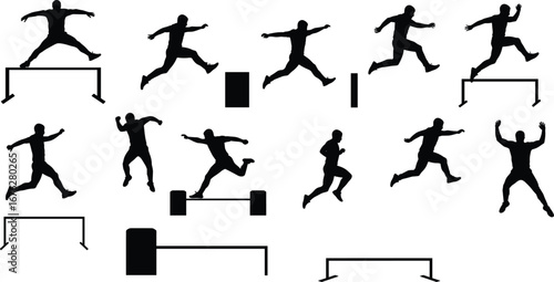 Collection of track and field silhouettes, hurdling, high jump, weightlifting, athletic performance, sport, fitness, agility and competition concept on white background
