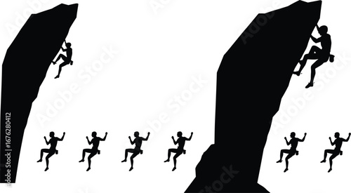 Rock climbing silhouettes on vertical and overhanging formations, adventure sport, outdoor activity, strength, fitness and mountaineering concept on white background