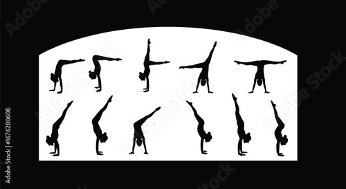 Sequence of handstand silhouettes showing dynamic movement stages, gymnastics action, athletic performance, sport, fitness and acrobatics concept on white background