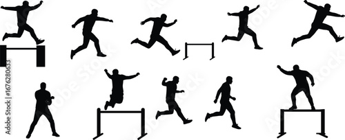 Sequence of hurdle jump silhouettes showing running, jumping and landing stages, athletic performance, sport, fitness, agility and competition concept on white background