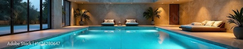 Luxury indoor swimming pool built within a spacious, modern garage  Enjoy year-round swimming in ultimate privacy and comfort  Sleek design, high-end finishes ,  concrete,  lighting