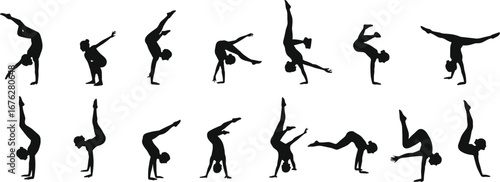 Sequence of gymnastics and acrobatics silhouettes, dynamic flips, handstands, balance poses, athletic movement, sport, fitness and strength concept on white background