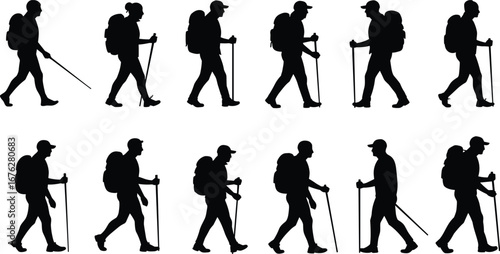 Sequence of hiking silhouettes with backpack and walking stick, outdoor trekking, adventure sport, fitness, travel and active lifestyle concept on white background