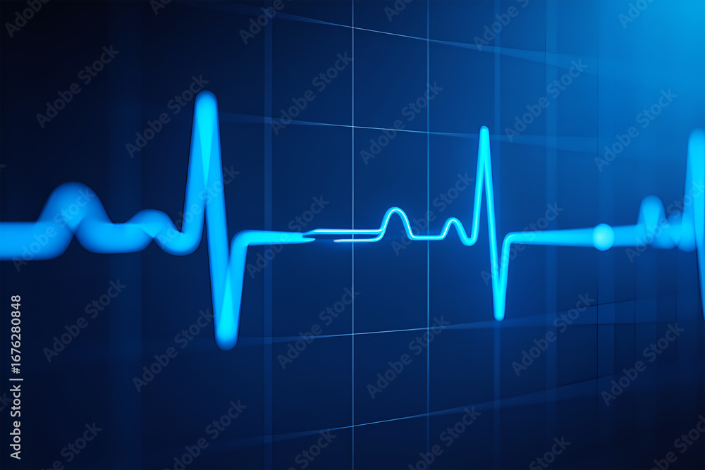 Naklejka premium Glowing blue electrocardiogram waveform on dark grid background heartbeat pulse