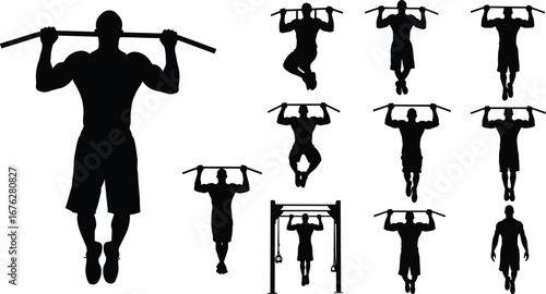 Set of pull‑up exercise silhouettes, athlete training on horizontal bar, strength workout, fitness and bodybuilding concept, upper body muscle building
