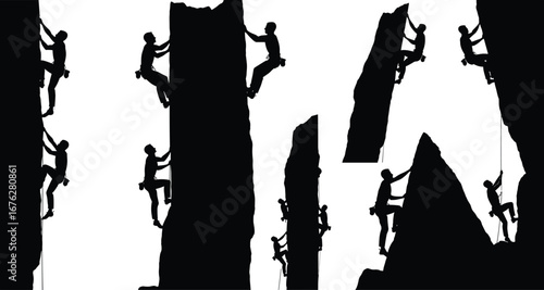 Set of rock climbing silhouettes on varied rock formations, adventure sport, outdoor activity, strength, fitness and mountaineering concept on white background
