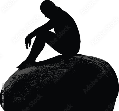Silhouette of seated person on rock in contemplative pose, peaceful solitude, relaxation and reflection concept on white background