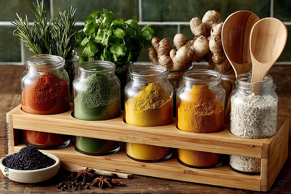 Fototapeta premium Rustic bamboo spice rack with ceramic containers high resolution picture