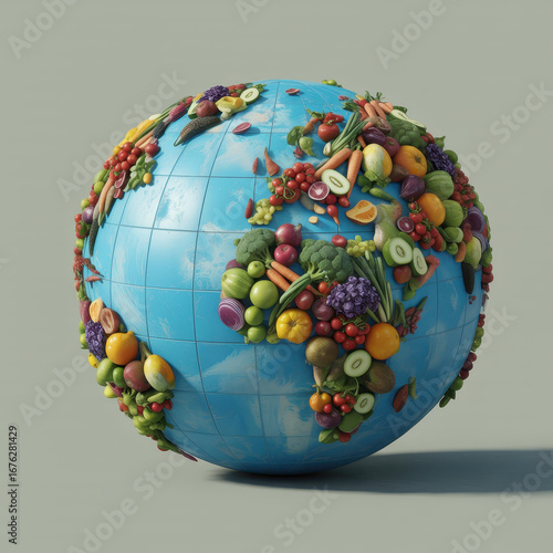 Colorful globe model decorated with assorted fruits and vegetables on surface