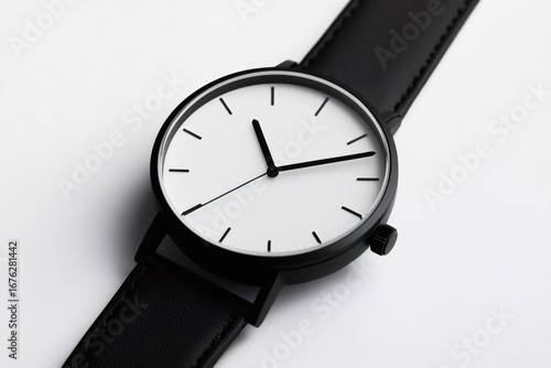 Wallpaper Mural Close up of a minimalist black wristwatch with a white dial and black leather strap, indicating the current time on a clean white background Torontodigital.ca