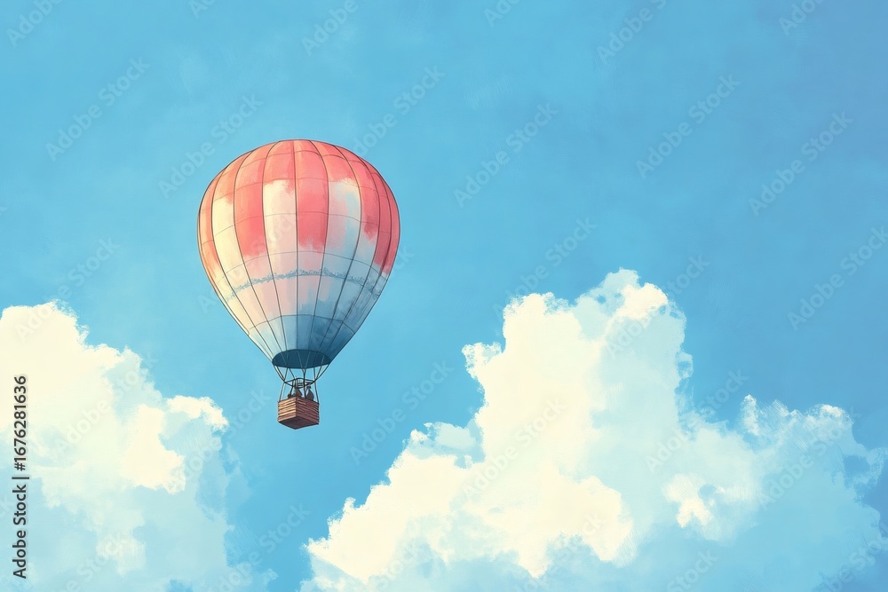 Naklejka premium Minimalist illustration featuring a hot air balloon gracefully soaring through a bright blue sky dotted with fluffy clouds, evoking feelings of freedom and adventure