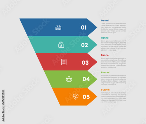 funnel shape business process infographic diagram with stacking arrow rectangle box with 5 step for slide presentation