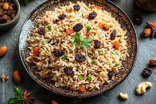 Delicious aromatic pilaf rice with cashews and almonds high resolution picture