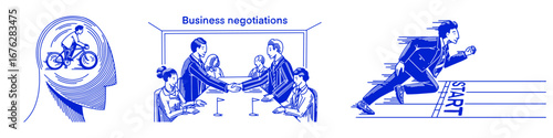 Business and teamwork concepts. Banner in hand drawn outline style for your company, management, strategy, negotiations, new horizons, success. A man in suit running, bike