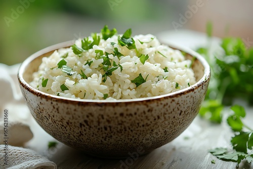 Delicious bowl of plain rice with herbs high resolution picture