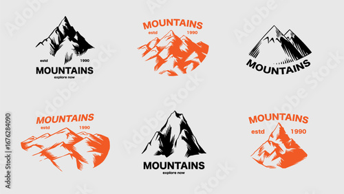 Mountain emblem or icons set. Hand drawn frozen peaks for your design, water bottle, expeditions, adventure and lifestyle business. Explore hills and woods. For clothing