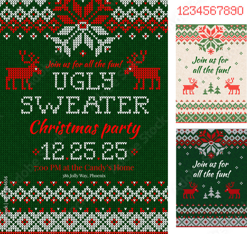 Merry Christmas Party Invitation cards with knitted patterns and ornaments in scandinavian style with deers. Ugly Sweater Christmas Party. Flat style