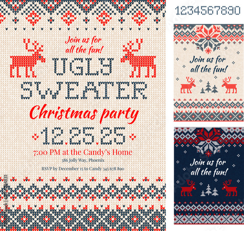 Merry Christmas Party Invitation cards with knitted patterns and ornaments in scandinavian style with deers. Ugly Sweater Christmas Party. Flat style