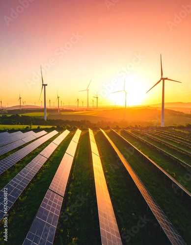 Scenic landscape of solar and wind farms at sunset