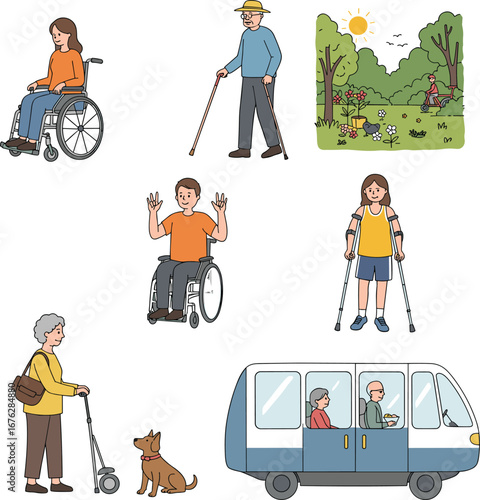Disability, accessibility, wheelchair, walker, cane, crutches, elderly, inclusion, mobility aid, park, transport, dog, sun, people, everyday, support, illustration, diverse, lifestyle, assistive
