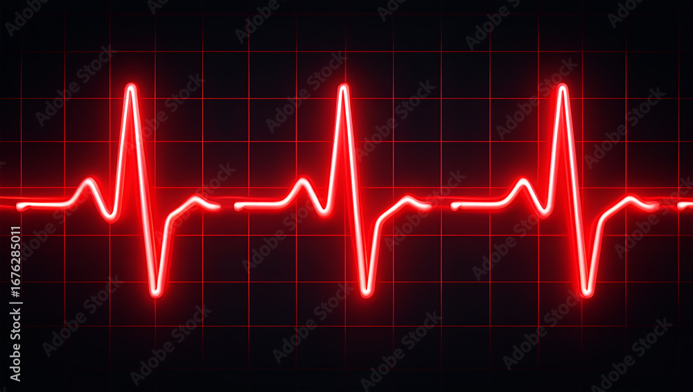 Naklejka premium Glowing red cardiogram line on dark grid electrocardiogram heart