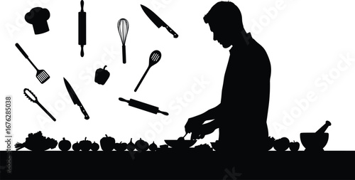 Cooking, silhouette, chef, kitchen, food prep, utensils, bowl, vegetables, mortar, steam, hat, knife, whisk, ladle, spatula, rolling pin, pepper, artistic, vector, illustration