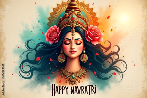 Vibrant watercolor portrait of goddess durga celebrating happy navratri festival