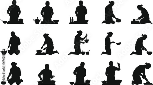 Cooking, silhouette, kitchen, food prep, gesture, utensil, bowl, pot, kneading, chopping, stirring, tasting, mixing, chef, counter, action, vector, domestic, illustration, lifestyle