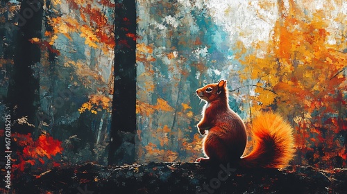 Red squirrel in autumn forest painting style wildlife art nature photography animal photography fine art print art