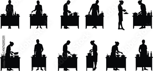 Cooking, silhouette, kitchen, food prep, gesture, utensil, bowl, pot, pan, bottle, chopping, stirring, pouring, mixing, chef, counter, action, vector, domestic, illustration