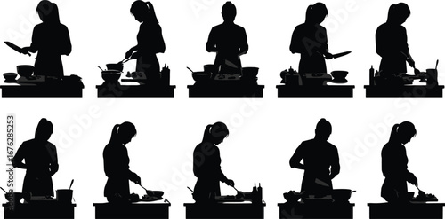 Cooking, silhouette, kitchen, food prep, gesture, utensil, chopping, stirring, mixing, bowl, counter, chef, action, vector, domestic, culinary, illustration, plate, ingredients, lifestyle