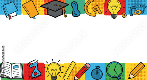 Colorful Cartoon Education Banner with School Supplies and Comic Style Elements