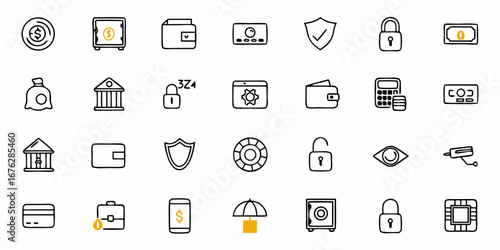 Secure your financial future with this collection of modern banking, investment, and security icons, perfect for financial apps, websites, and presentations
