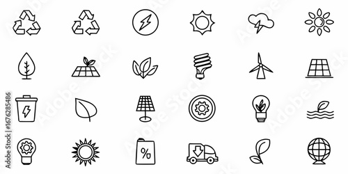 Discover a comprehensive collection of essential eco-friendly icons representing renewable energy, sustainability, and environmental consciousness for dynamic modern designs.