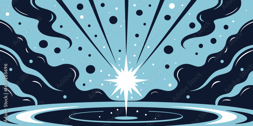 Dynamic burst of cosmic energy radiates outwards illuminating a surreal, abstract liquid landscape with swirling dark clouds and scattered starlight creating a sense of wonder and discovery.