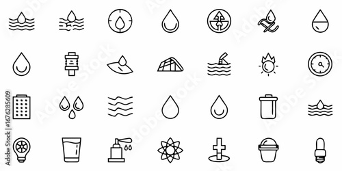 Collection of clean line art icons representing water, environment, and sustainability for modern design projects, offering versatile visual elements for diverse applications