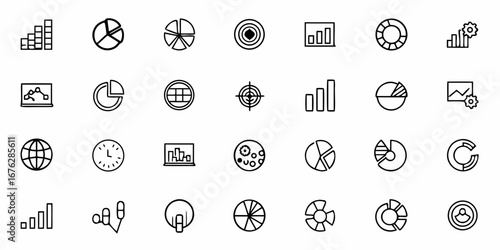 Modern business icons showcase growth charts, pie graphs, targets, world maps, and user profiles for dynamic data visualization and strategic planning presentations.