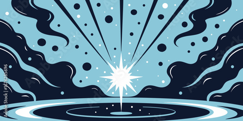 Dynamic burst of cosmic energy radiates outwards illuminating a surreal, abstract liquid landscape with swirling dark clouds and scattered starlight creating a sense of wonder and discovery.