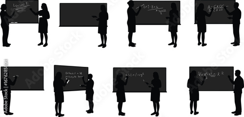 Math, chalkboard, silhouette, teaching, learning, algebra, geometry, STEM, vector, equation, instruction, classroom, pair, pose, interaction, academic, presentation, formula, illustration, education