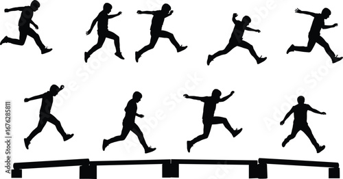 Jumping, silhouette, motion, platform, athlete, vector, stride, leap, training, animation, exercise, movement, pose, action, fitness, sequence, dynamic, physical, illustration, biomechanics