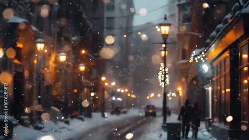 Snowflakes falling on a city street at night, glowing warm lights, cinematic winter atmosphere.