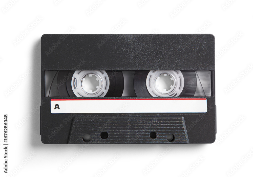 Obraz premium Realistic looking black 90s cassette tape with red stripe and shadow, isolated, transparent background