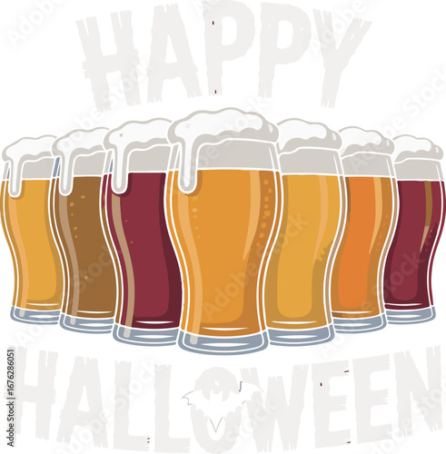 Happy Halloween text with glasses of beer on white background