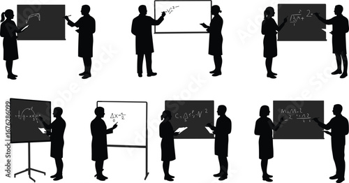 Math collaboration, silhouette, calculus, algebra, physics, whiteboard, teaching, learning